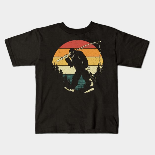 Bigfoot Fishing Retro Sunset Kids T-Shirt by Tesszero